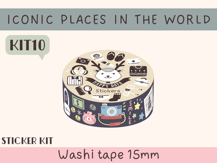KIT10 Iconic Places in the world - Sticker kit, Dark blue washi tape