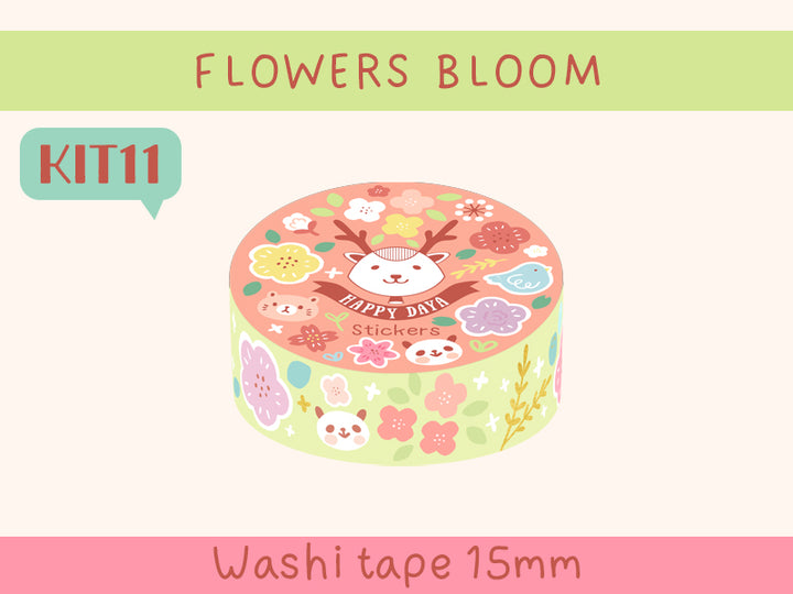 KIT11 Flowers Bloom - Sticker kit, Green washi tape