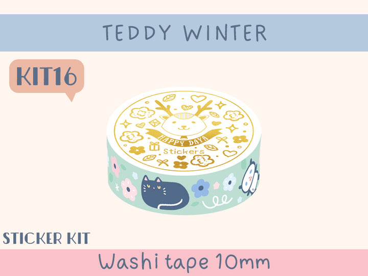 KIT16 Teddy Winter - Sticker kit, Green washi tape