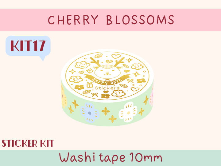 KIT17 Cherry Blossoms - Sticker kit, Mint washi tape