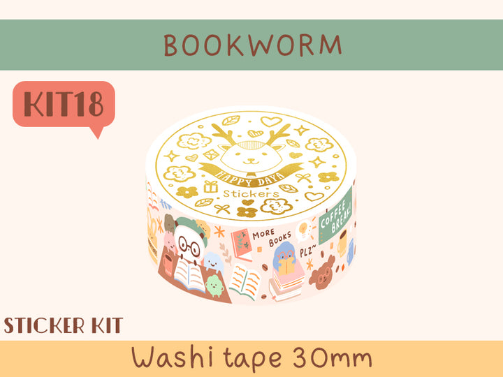 KIT18 Bookworm - Sticker kit, Beige washi tape