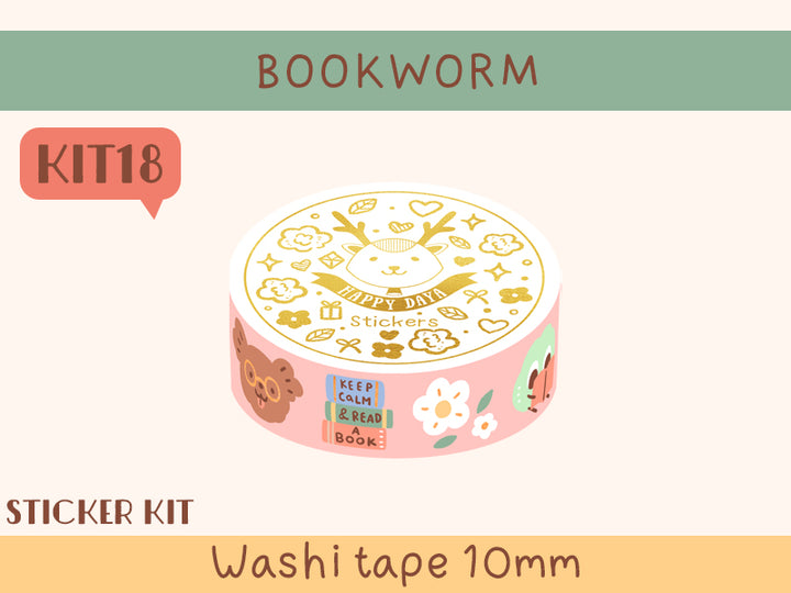 KIT18 Bookworm - Sticker kit, Pink washi tape