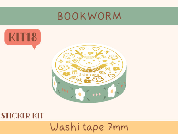 KIT18 Bookworm - Sticker kit, Green washi tape