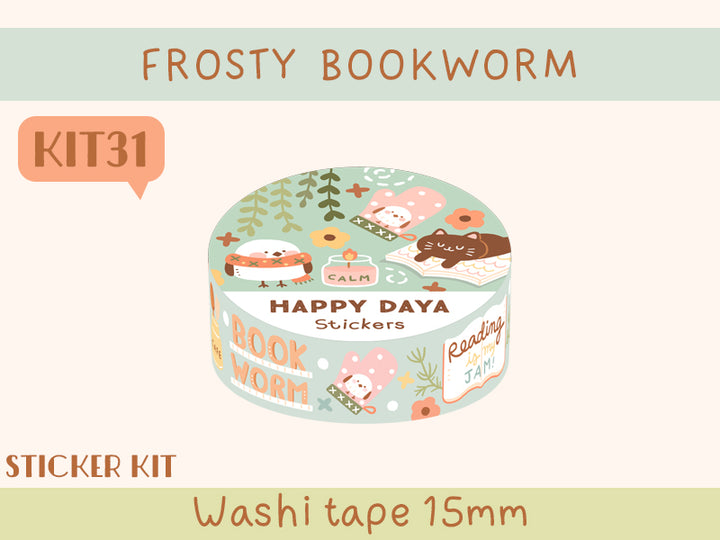 KIT31 Frosty Bookworm - Sticker kit, Blue washi tape